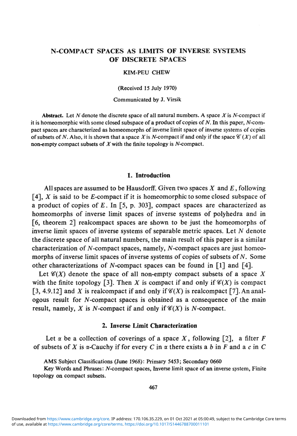 N-Compact Spaces As Limits of Inverse Systems of Discrete Spaces Kim-Peu Chew