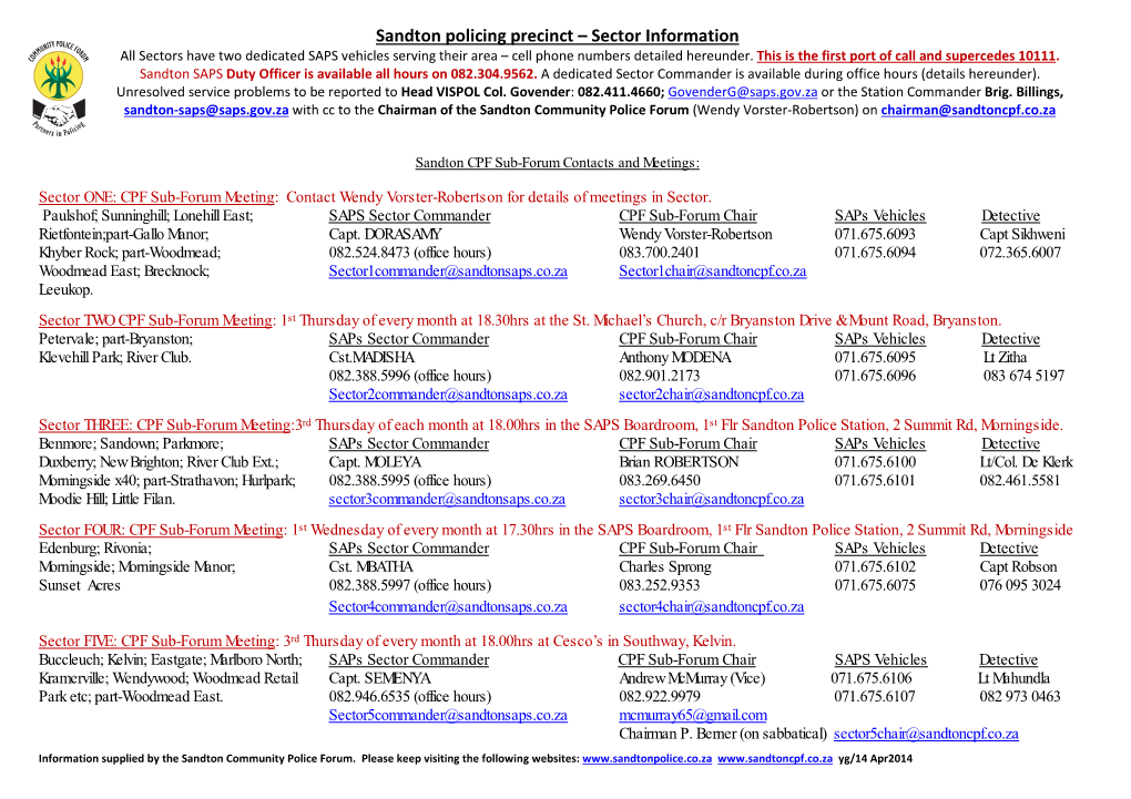 Sandton Policing Precinct – Sector Information All Sectors Have Two Dedicated SAPS Vehicles Serving Their Area – Cell Phone Numbers Detailed Hereunder