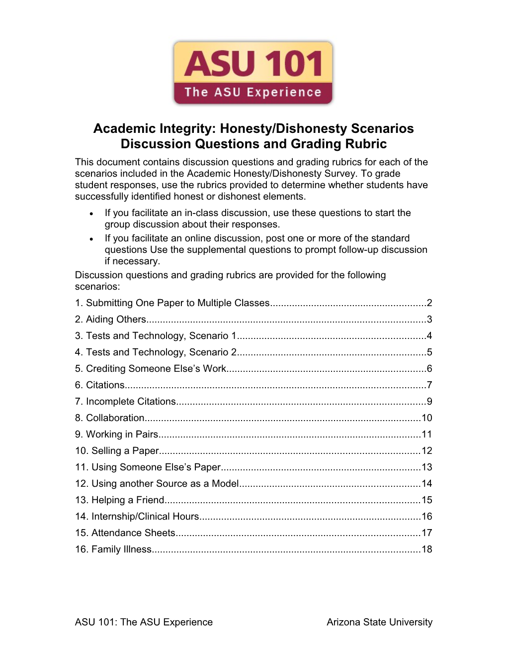 Academic Integrity: Honesty/Dishonesty Scenarios Discussion Questions and Grading Rubric