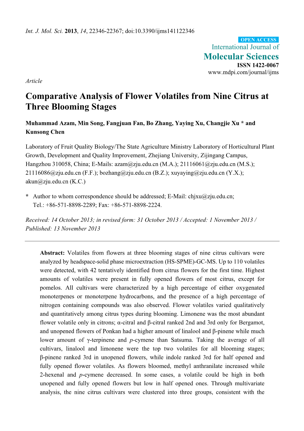 Comparative Analysis of Flower Volatiles from Nine Citrus at Three Blooming Stages