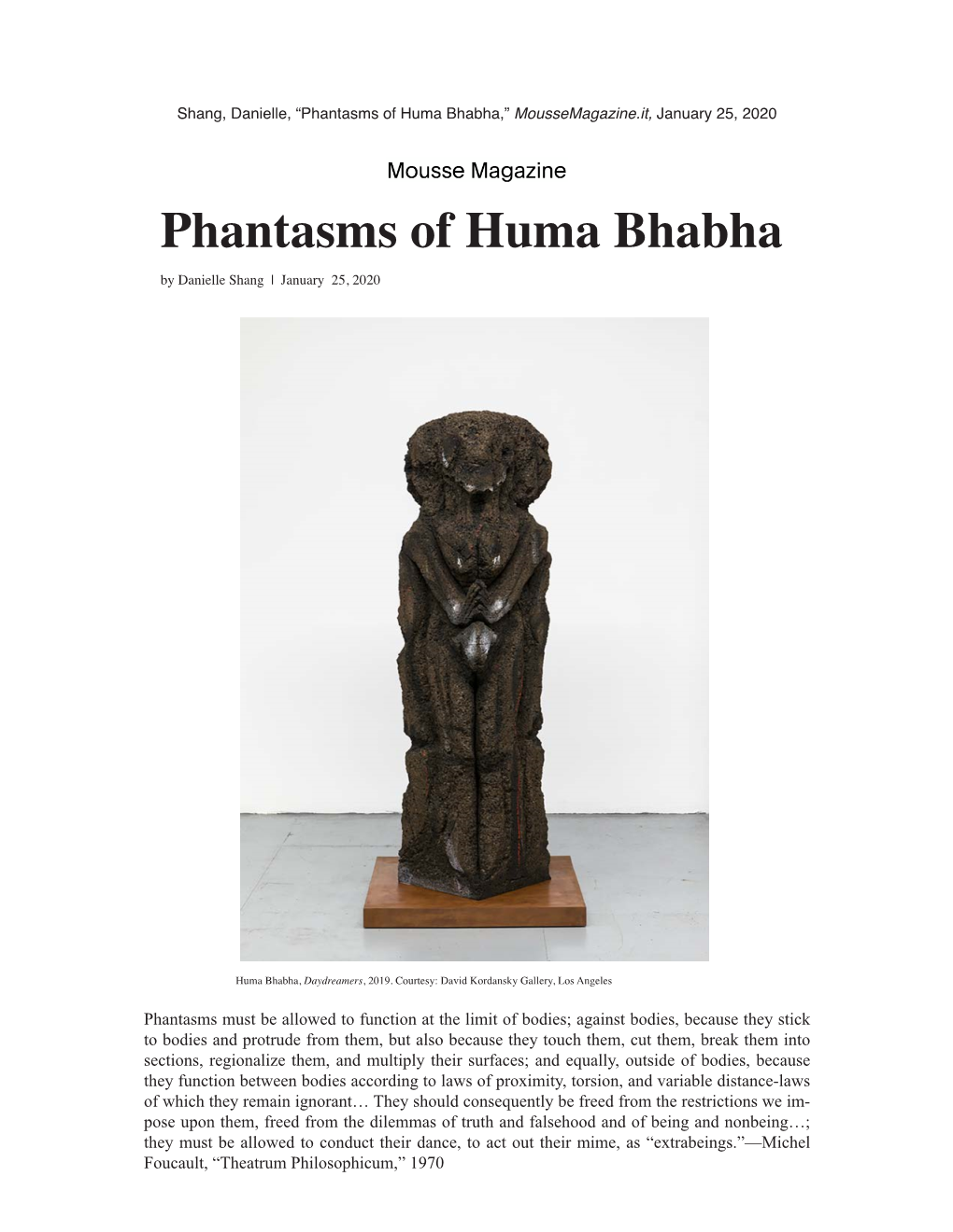 Phantasms of Huma Bhabha,” Moussemagazine.It, January 25, 2020