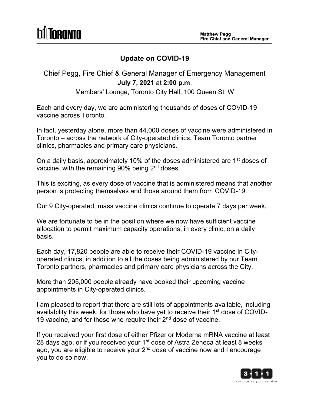 Chief Pegg, Fire Chief Update on COVID-19 July 7, 2021