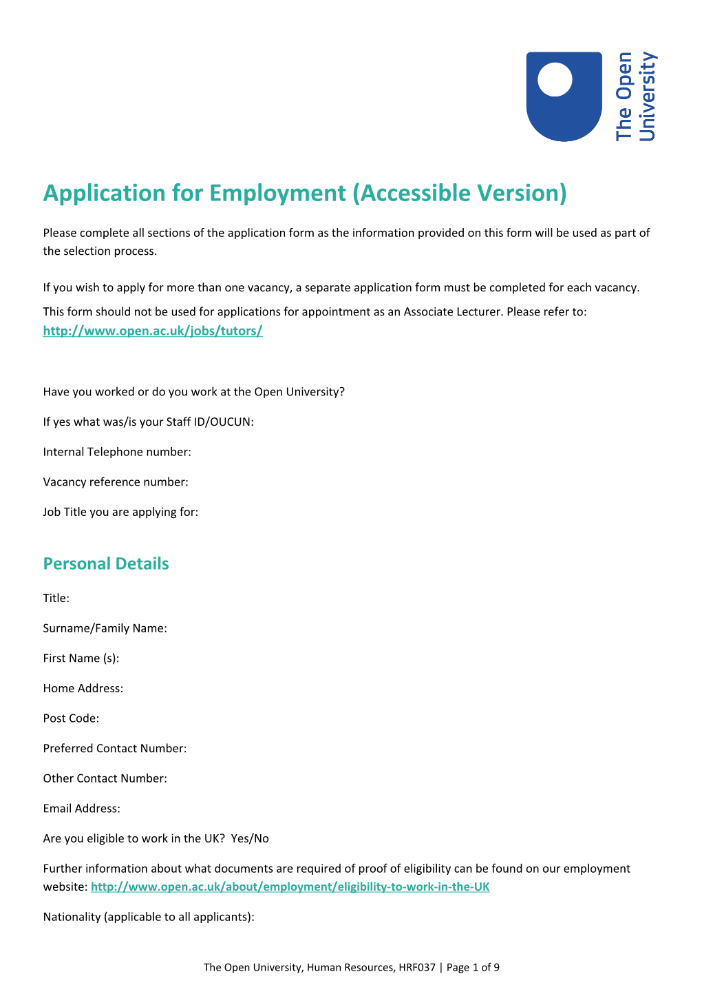 Application for Employment Form Accessible HRF037