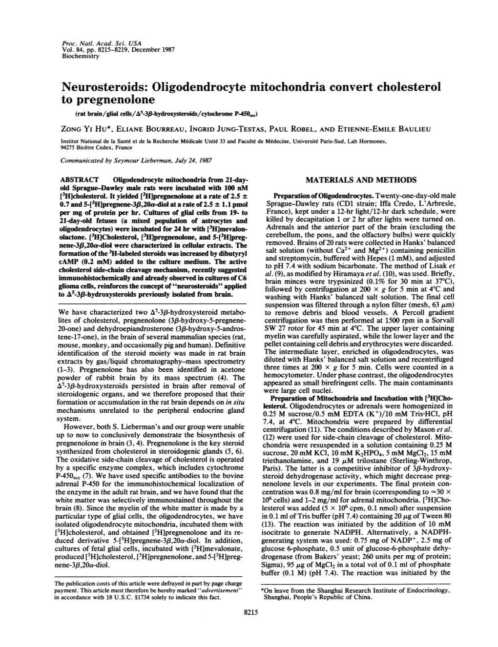 Oligodendrocyte Mitochondria Convert Cholesterol to Pregnenolone