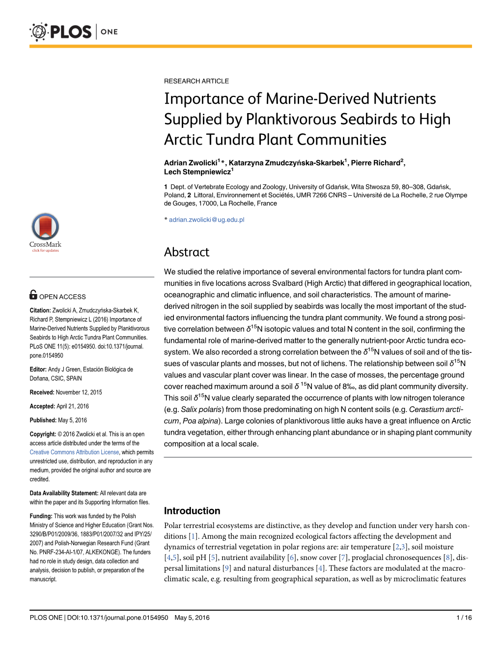 Importance of Marine-Derived Nutrients Supplied by Planktivorous Seabirds to High Arctic Tundra Plant Communities