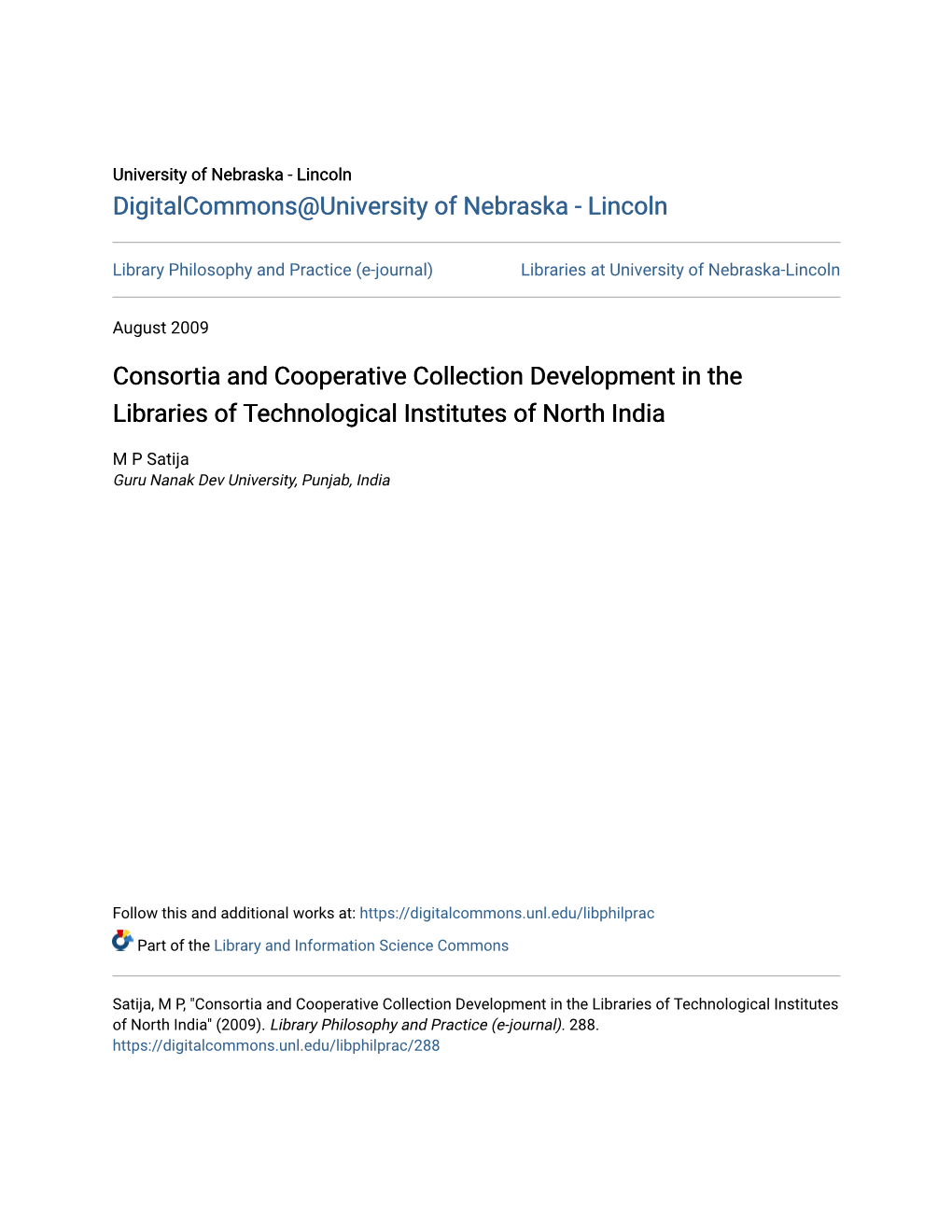 Consortia and Cooperative Collection Development in the Libraries of Technological Institutes of North India