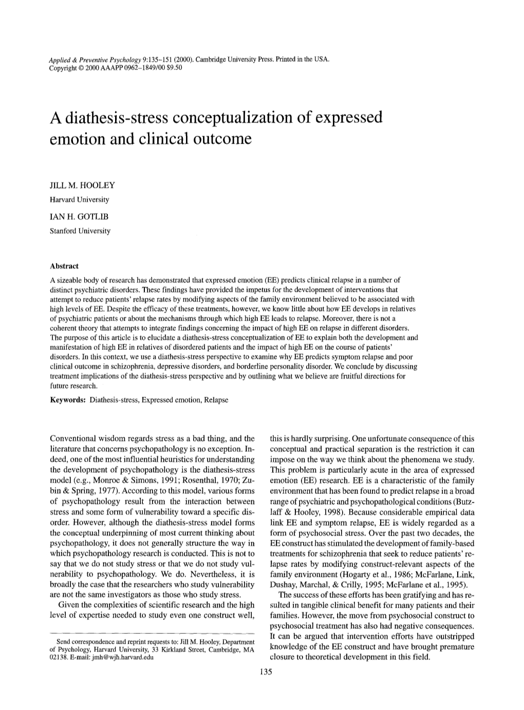 A Diathesis-Stress Conceptualization of Expressed Emotion and Clinical Outcome