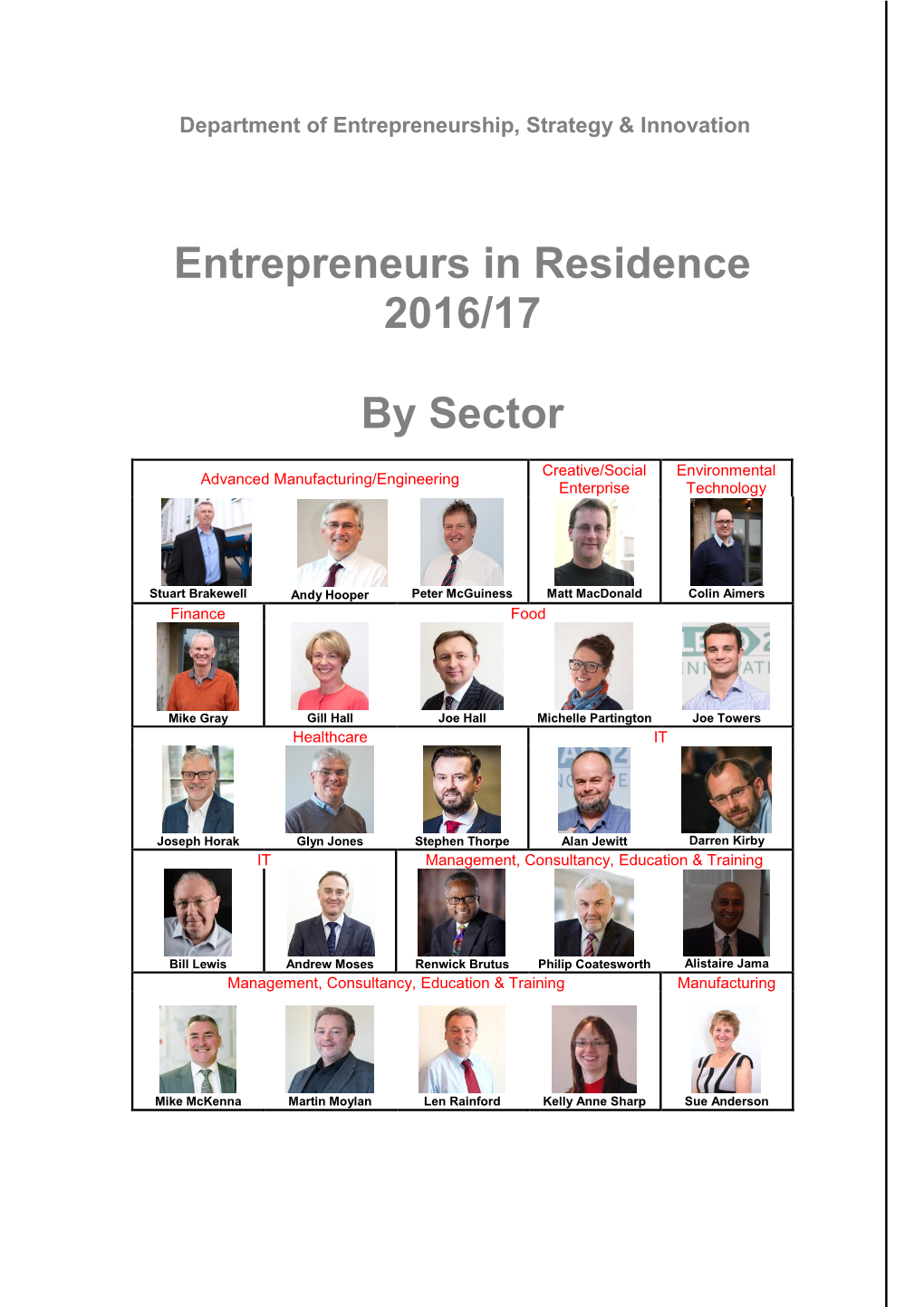 Entrepreneurs in Residence 2016/17 by Sector