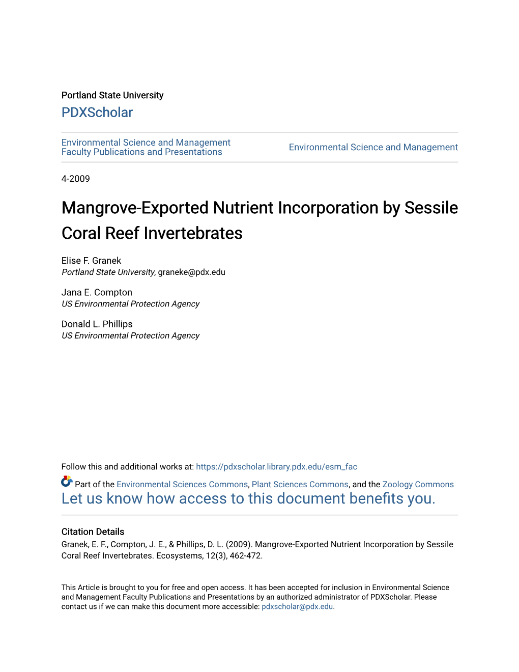 Mangrove-Exported Nutrient Incorporation by Sessile Coral Reef Invertebrates