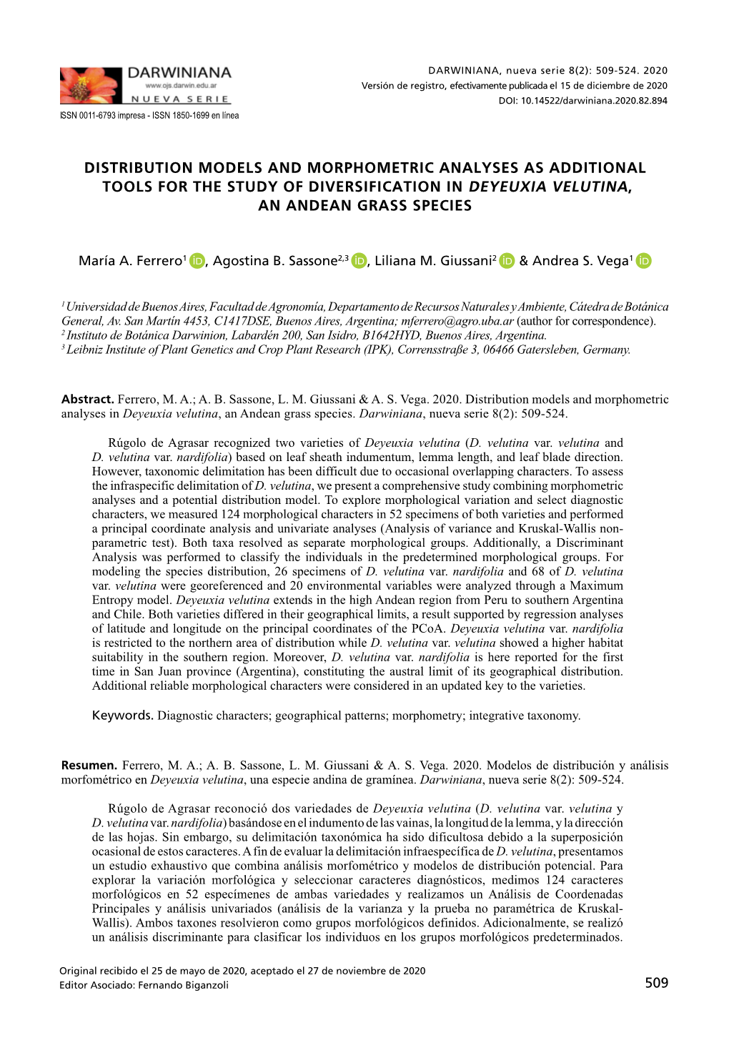 Distribution Models and Morphometric Analyses As Additional Tools for the Study of Diversification in Deyeuxia Velutina, an An