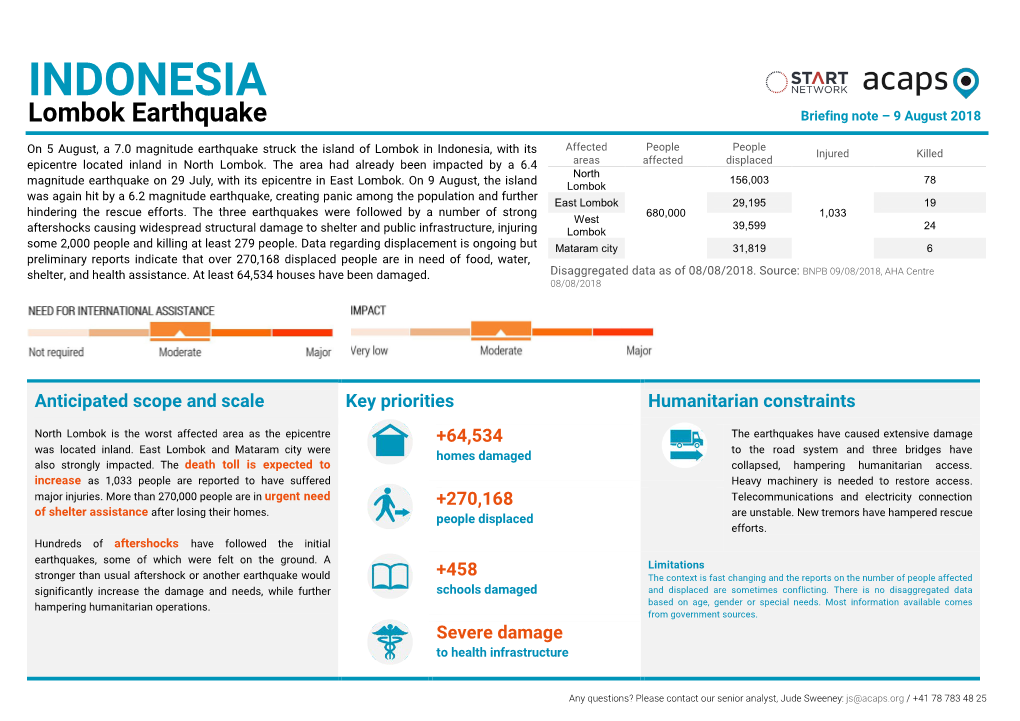 INDONESIA Lombok Earthquake Briefing Note – 9 August 2018