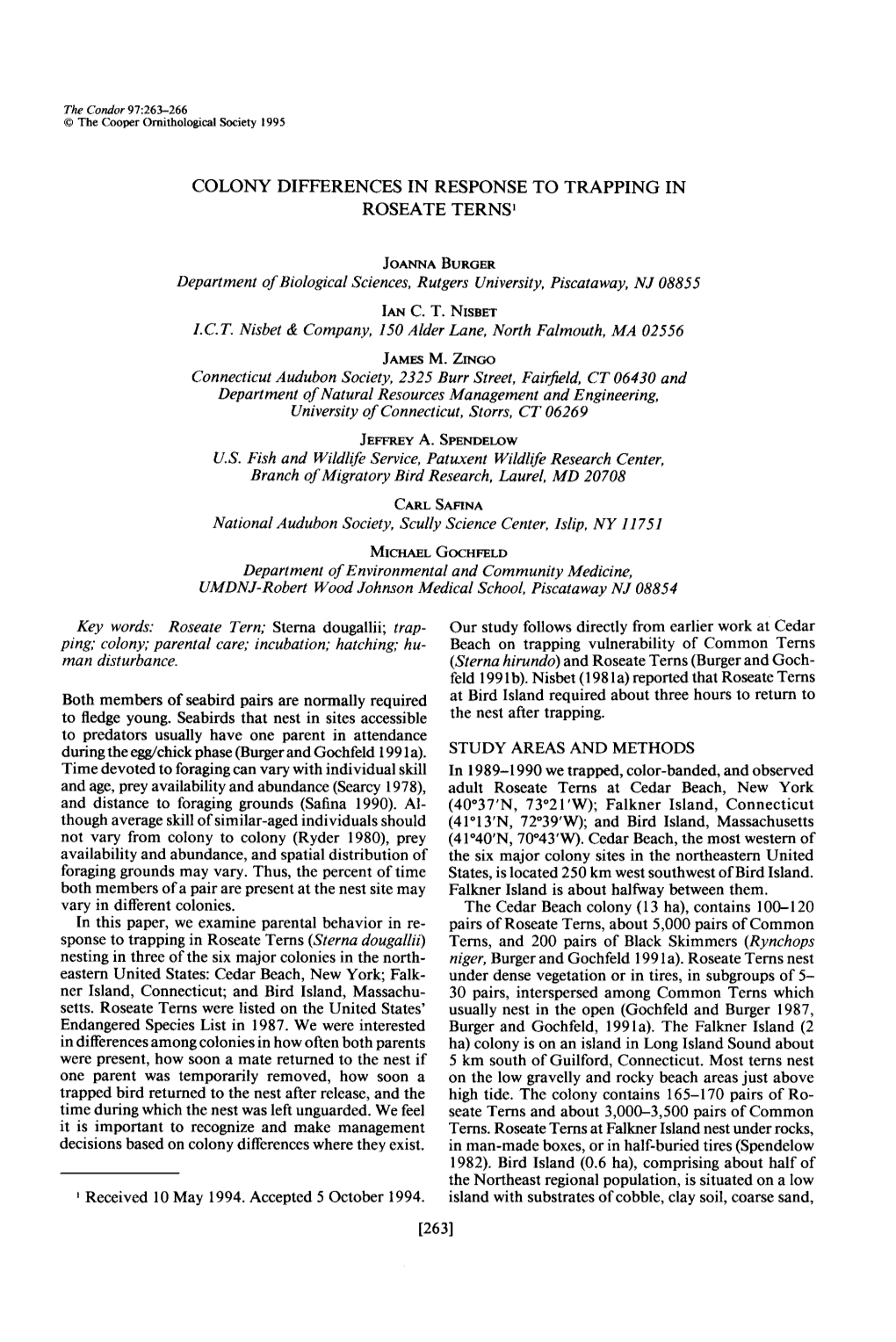 Colony Differences in Response to Trapping in Roseate Terns ’