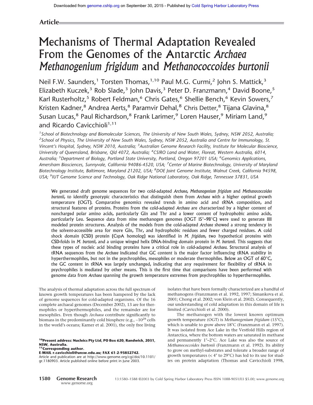 Mechanisms of Thermal Adaptation Revealed from the Genomes of the Antarctic Archaea Methanogenium Frigidum and Methanococcoides Burtonii Neil F.W