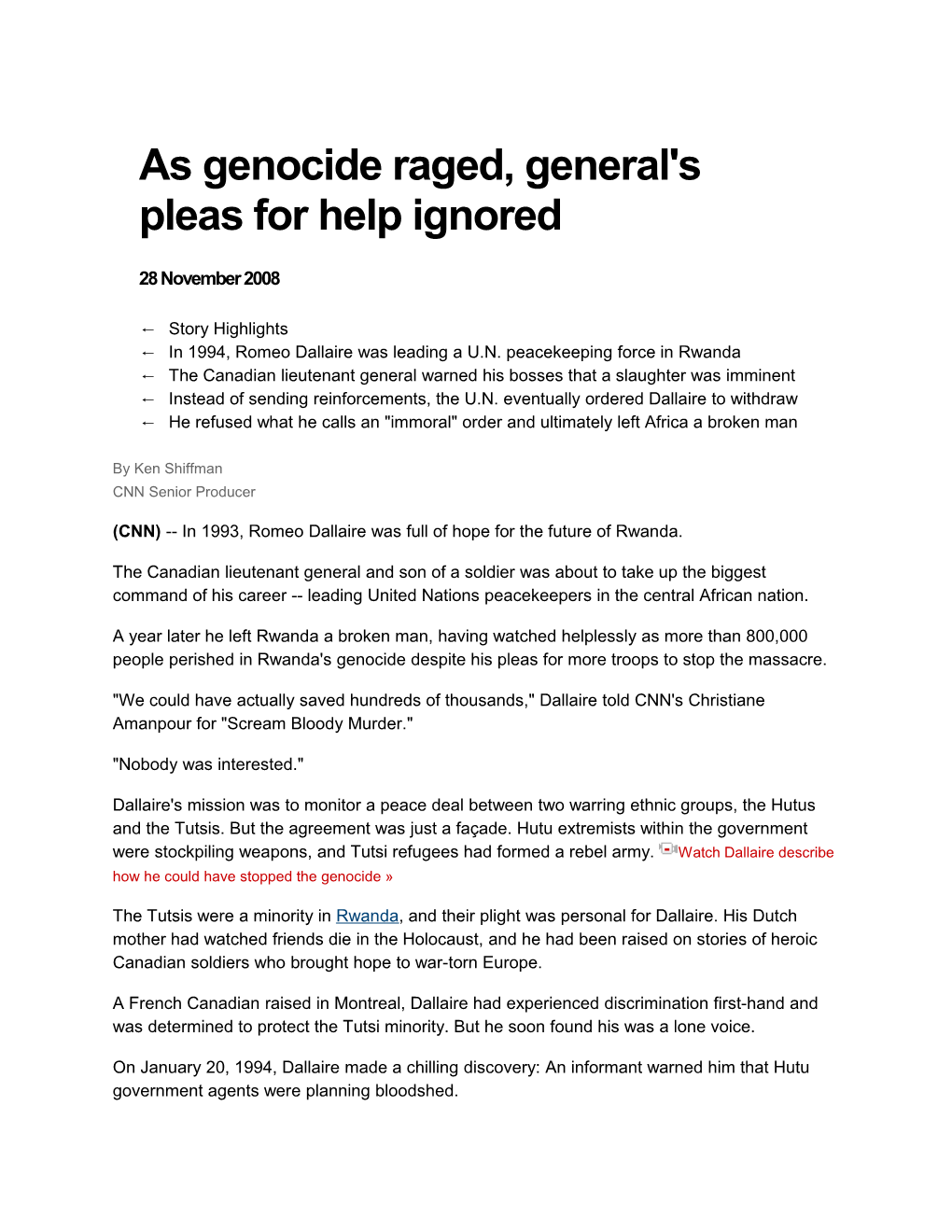 As Genocide Raged, General's Pleas for Help Ignored