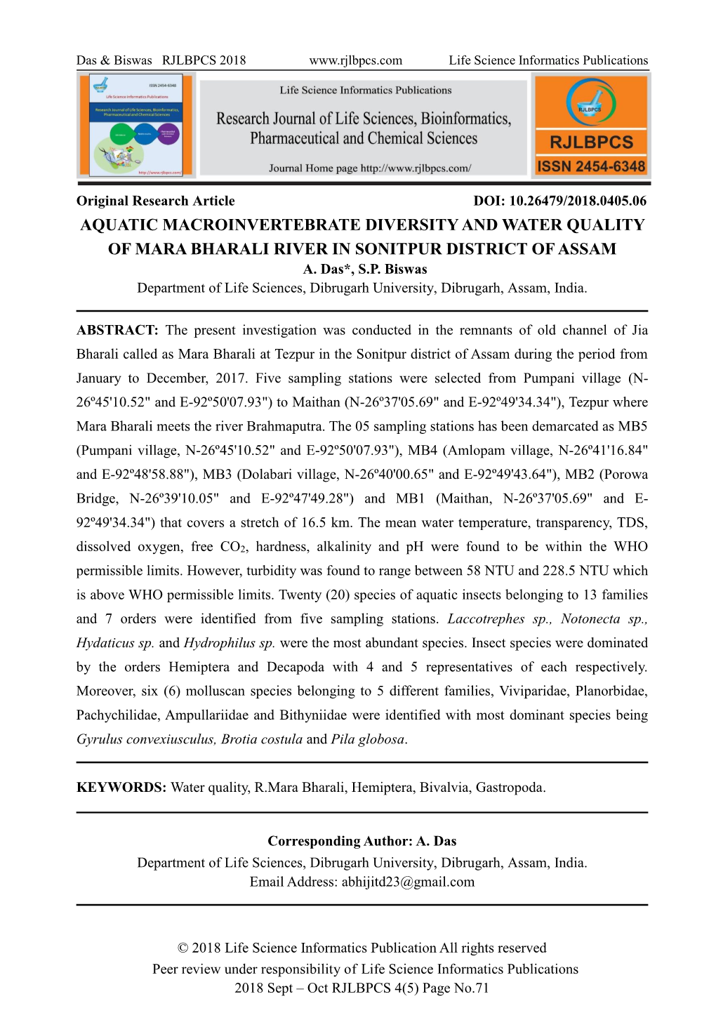 Aquatic Macroinvertebrate Diversity and Water Quality of Mara Bharali River in Sonitpur District of Assam A