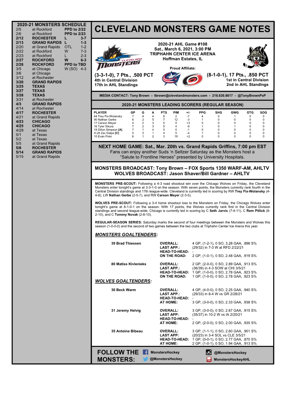 Cleveland Monsters Game Notes