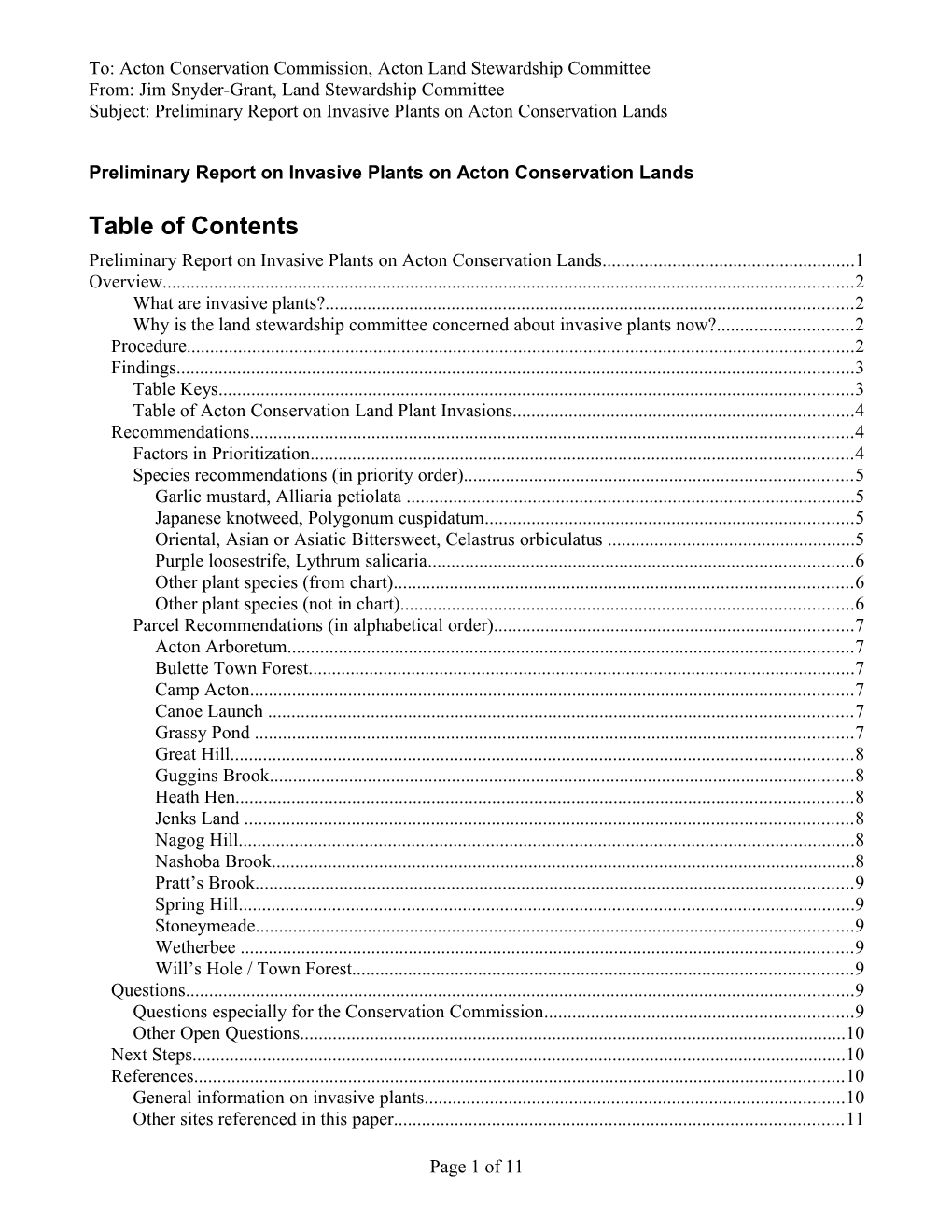 Preliminary Report on Invasive Plants on Acton Conservation Lands