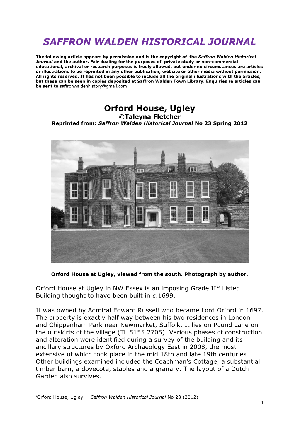 Orford House, Ugley ©Taleyna Fletcher Reprinted From: Saffron Walden Historical Journal No 23 Spring 2012