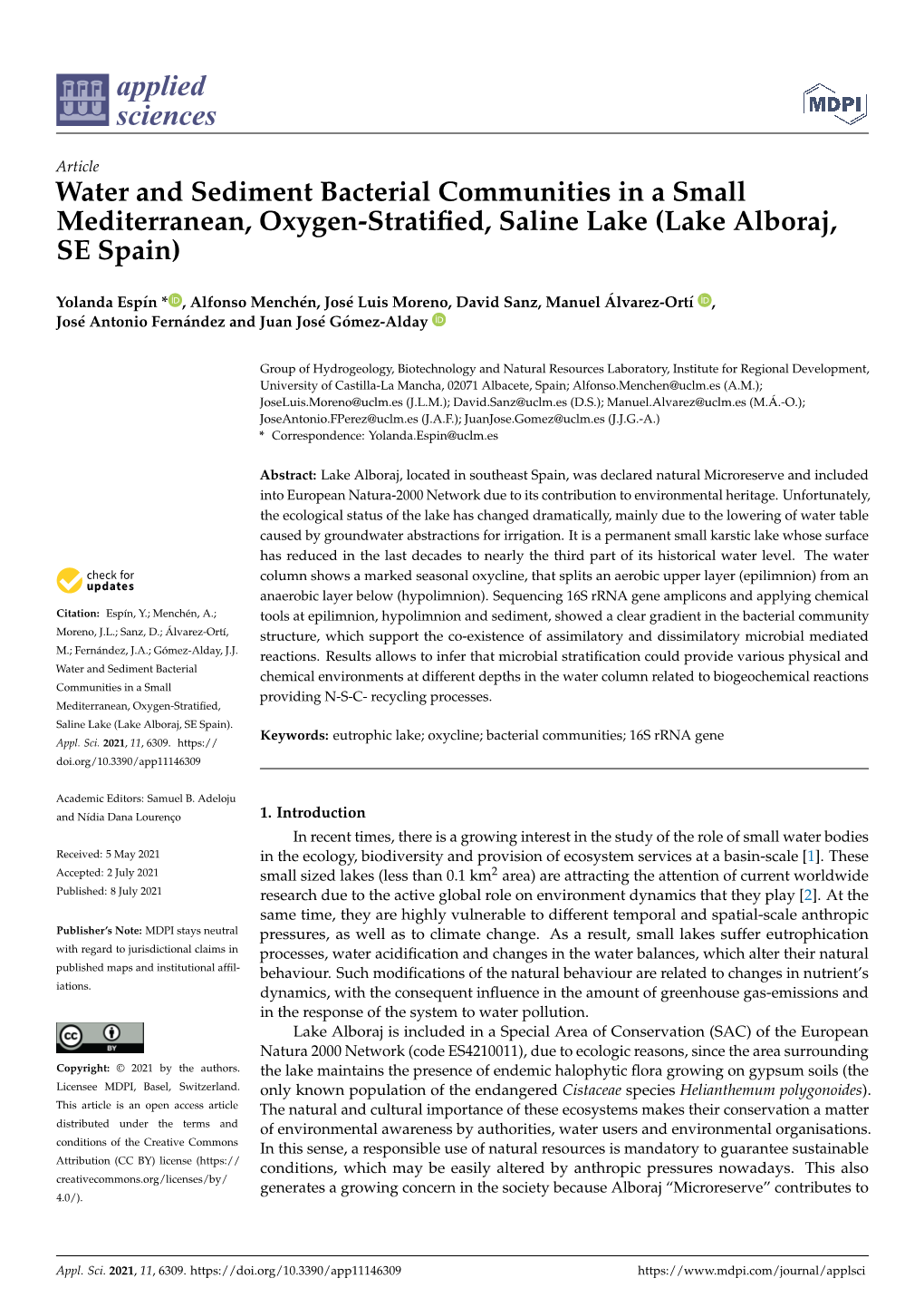 Water and Sediment Bacterial Communities in a Small Mediterranean, Oxygen-Stratiﬁed, Saline Lake (Lake Alboraj, SE Spain)