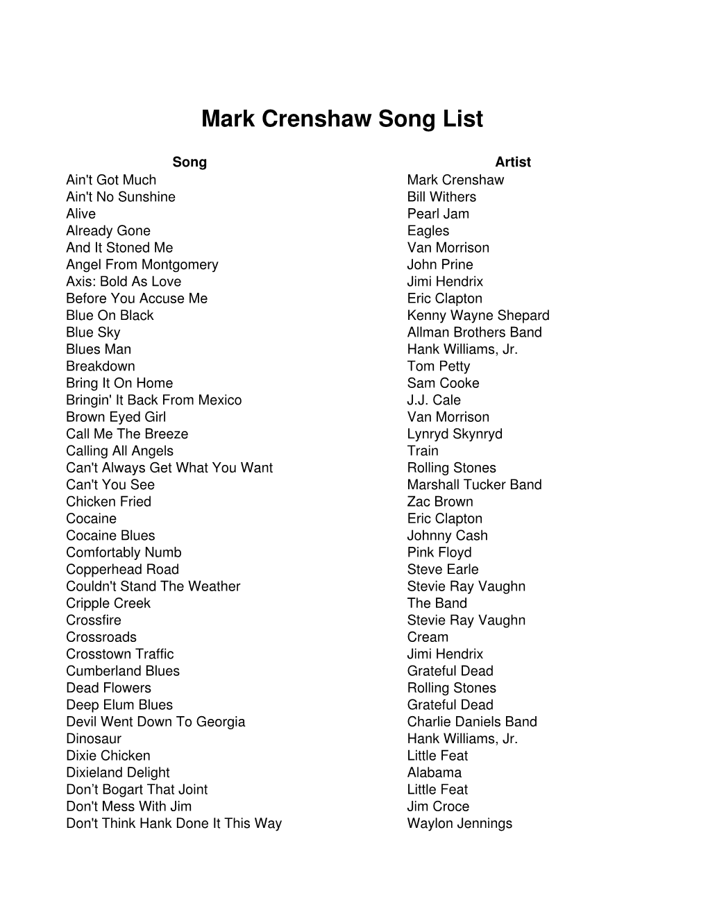 Mark Crenshaw Song List