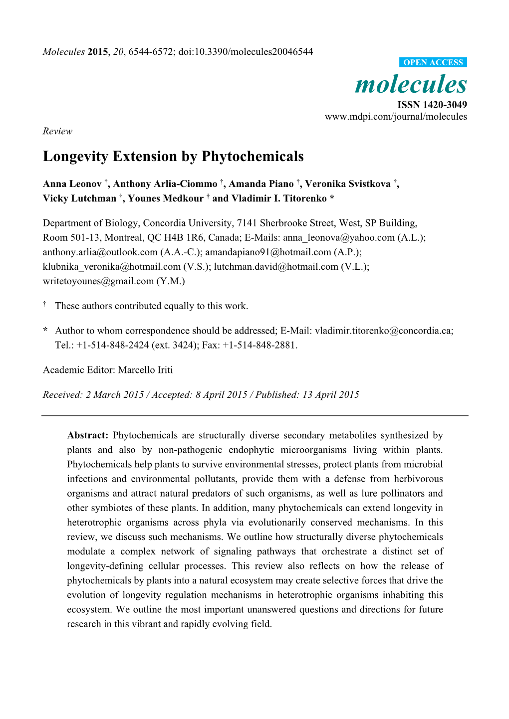 Longevity Extension by Phytochemicals
