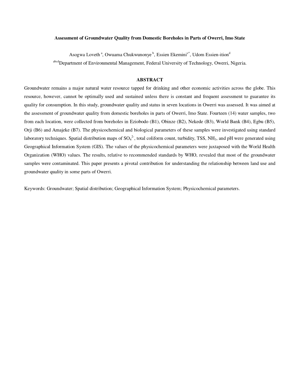 Assessment of Groundwater Quality from Domestic Boreholes in Parts of Owerri, Imo State