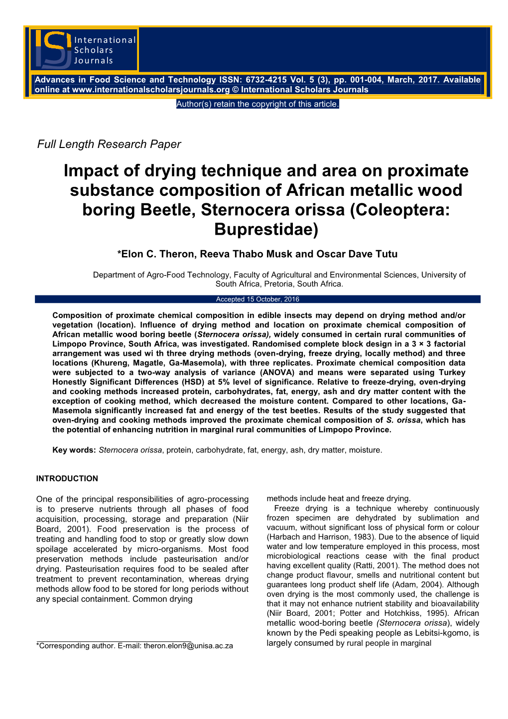 Impact of Drying Technique and Area on Proximate Substance Composition of African Metallic Wood Boring Beetle, Sternocera Orissa (Coleoptera: Buprestidae)