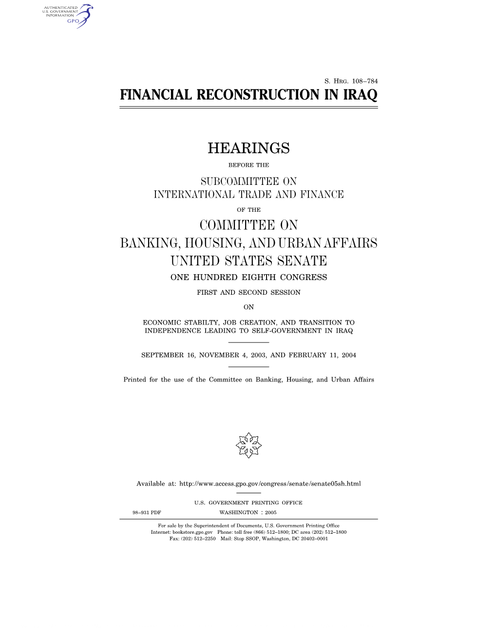 Financial Reconstruction in Iraq Hearings Committee