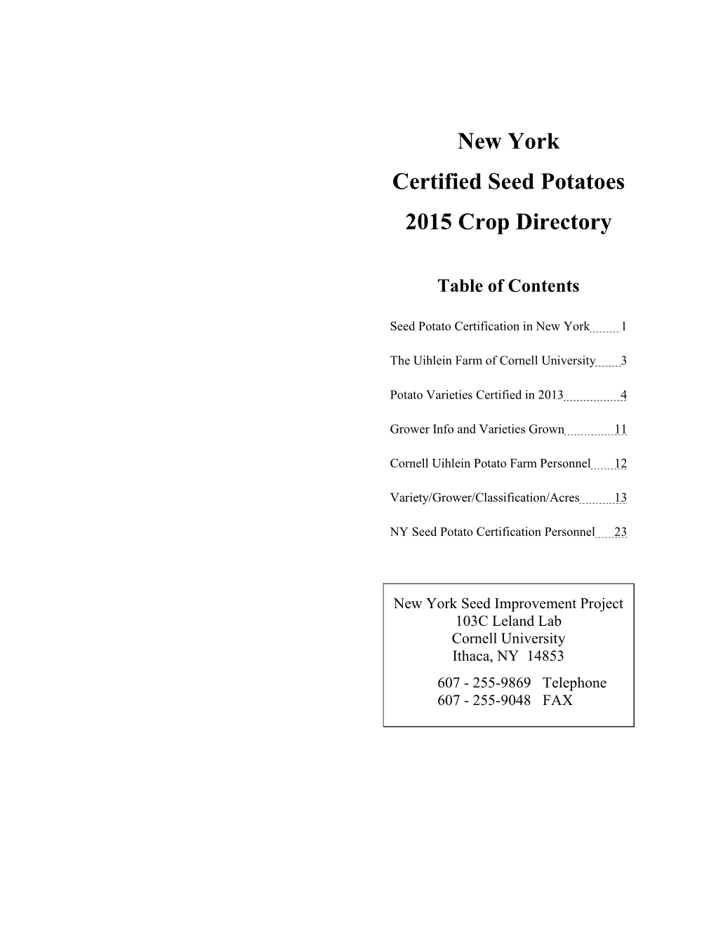 New York Certified Seed Potatoes 2015 Crop Directory