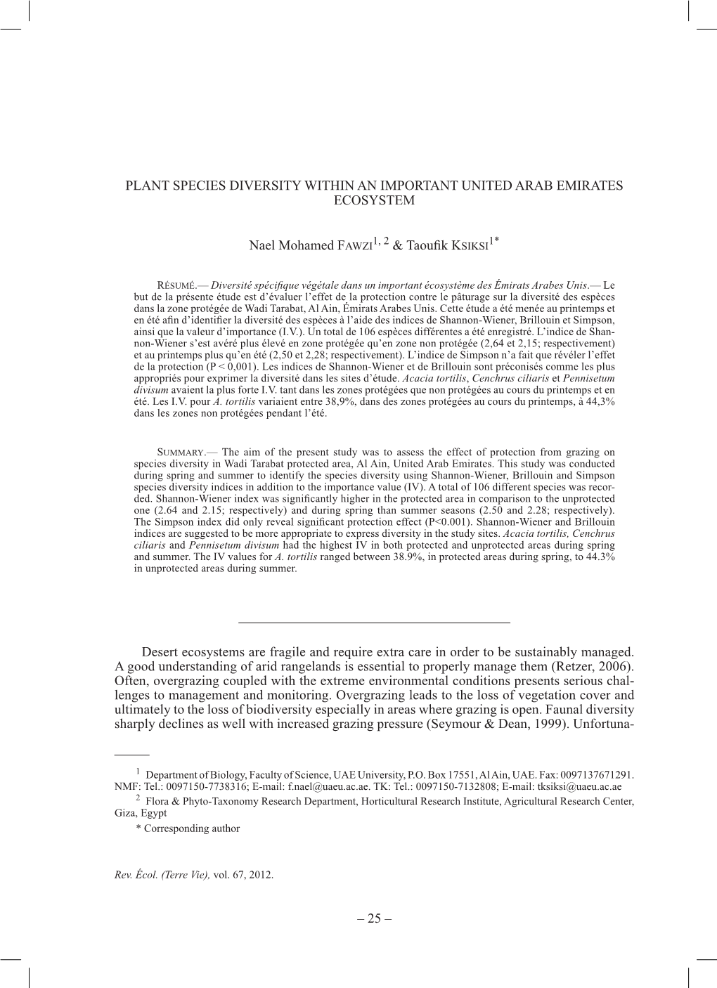 25 – PLANT SPECIES DIVERSITY WITHIN an IMPORTANT UNITED Arab EMIRATES ECOSYSTEM Nael Mohamed FAWZI1, 2 & Taoufik KSIK