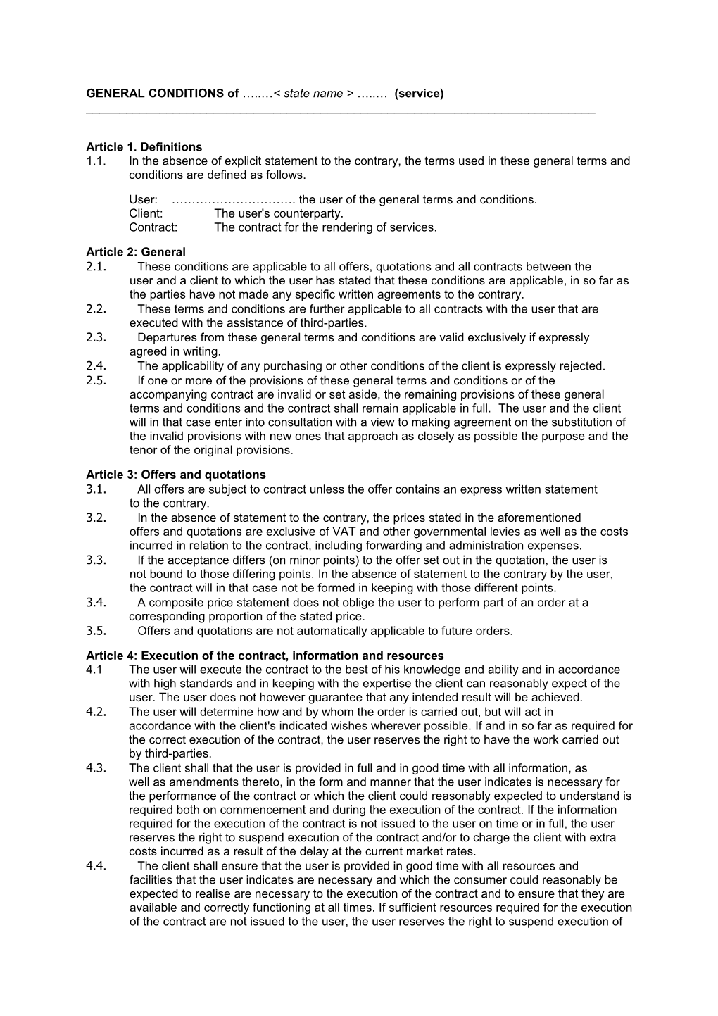 GENERAL CONDITIONS of < State Name > (Service)