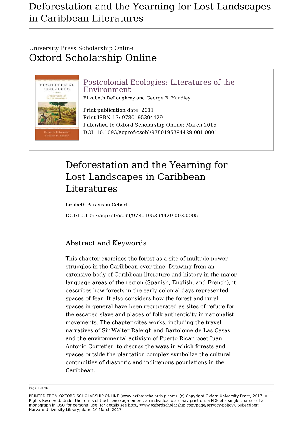 Deforestation and the Yearning for Lost Landscapes in Caribbean Literatures