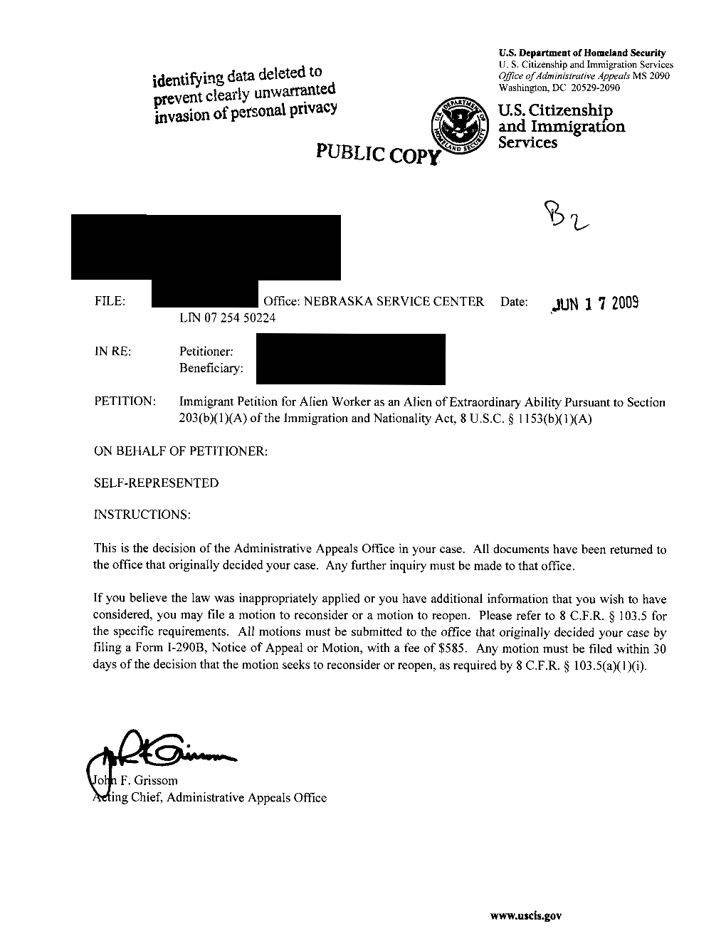 Invasion of Personal Privacy U. S. Citizenship and Immigration