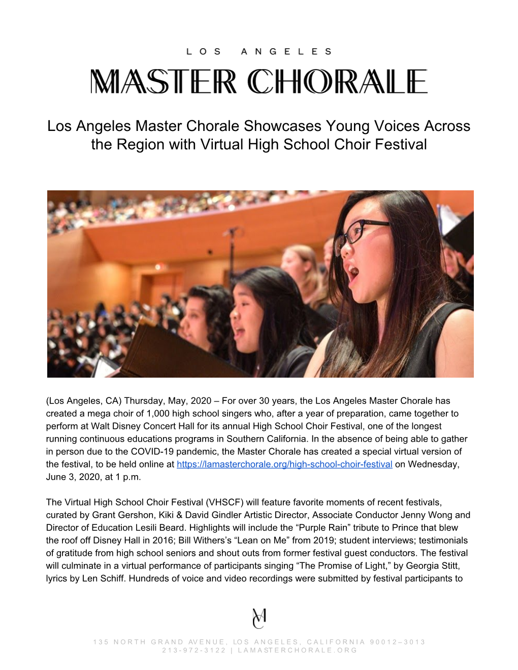 Los Angeles Master Chorale Showcases Young Voices Across the Region with Virtual High School Choir Festival