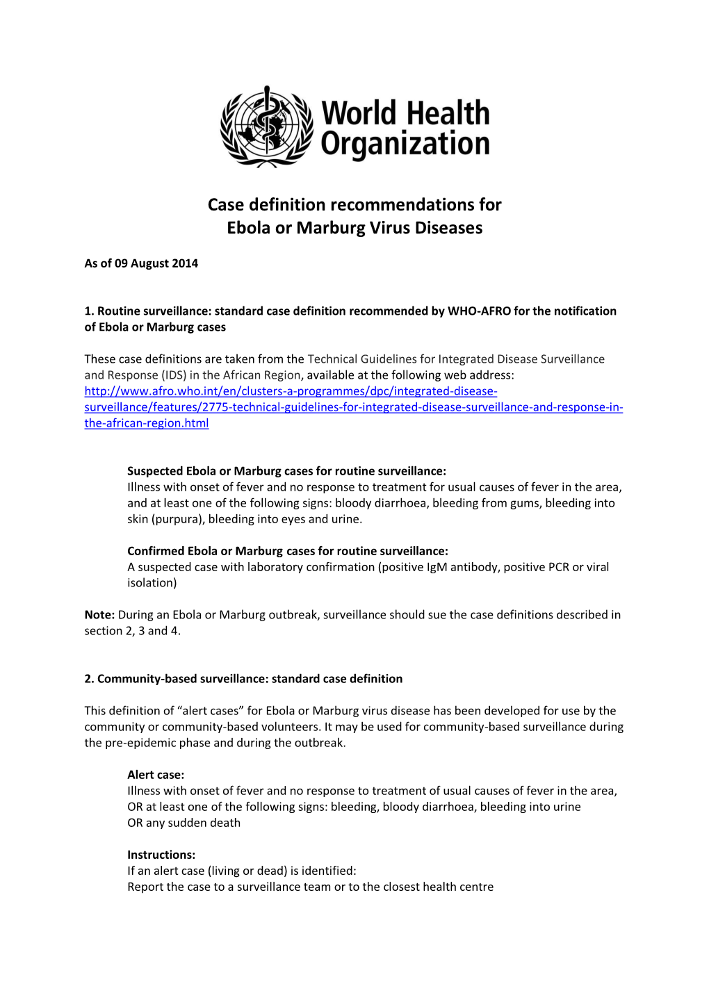 WHO: Case Definition Recommendations for Ebola Or