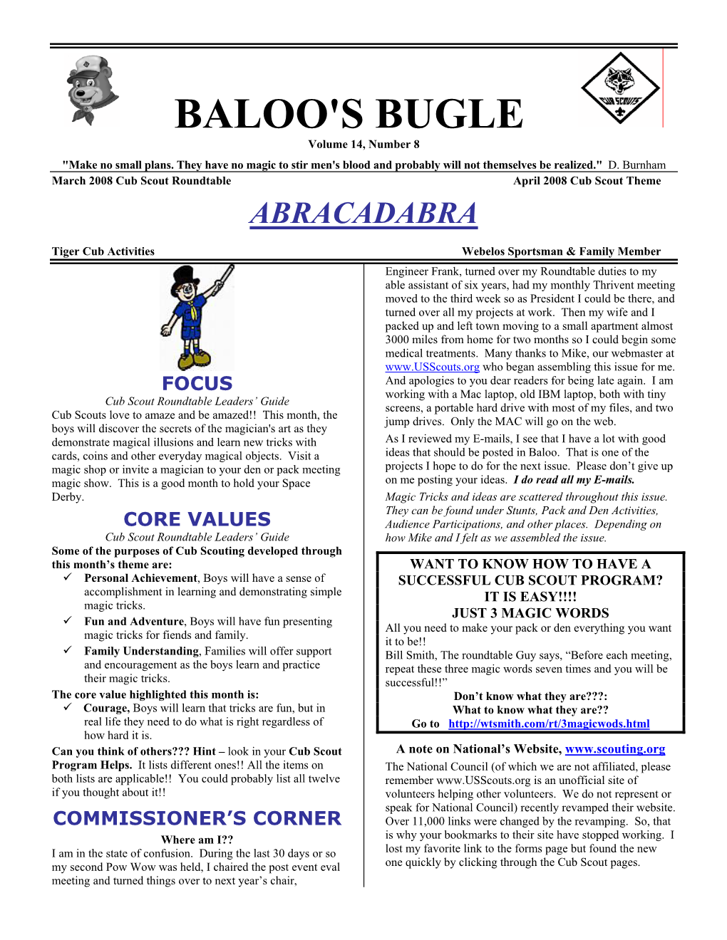 BALOO's BUGLE Volume 14, Number 8 "Make No Small Plans