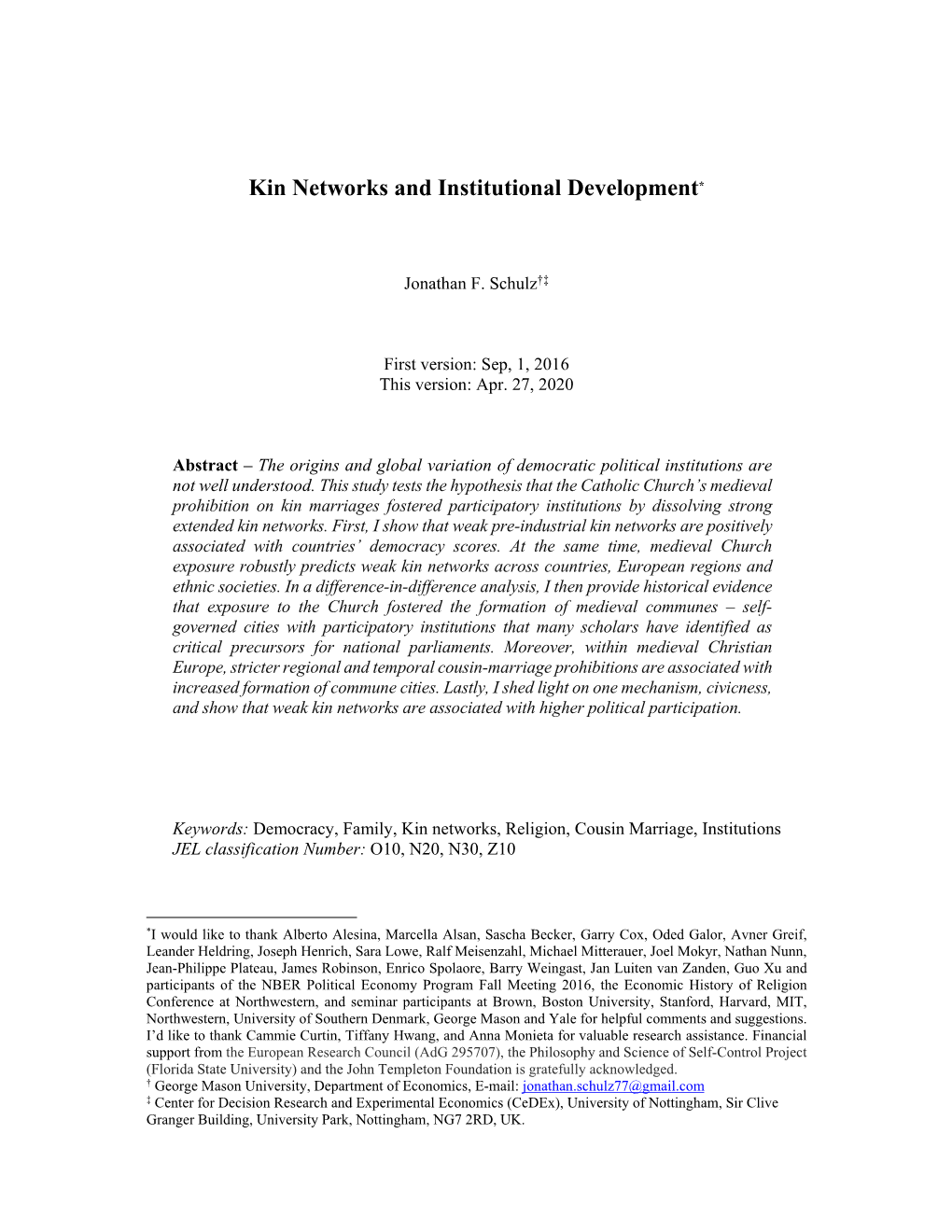 Kin Networks and Institutional Development*