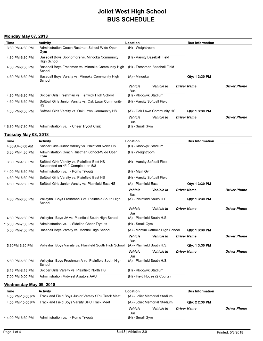 Joliet West High School BUS SCHEDULE