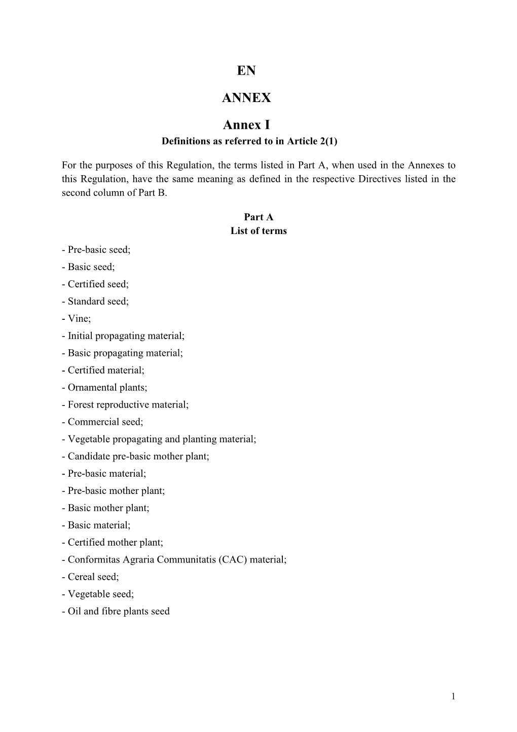 EN ANNEX Annex I Definitions As Referred to in Article 2(1)