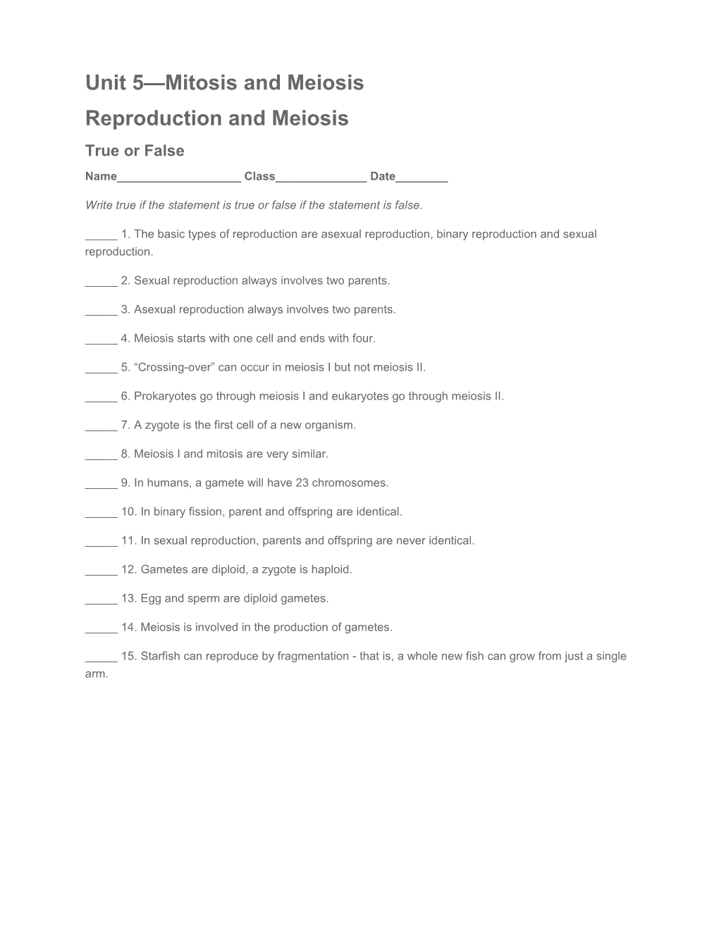 Unit 5 Mitosis and Meiosis