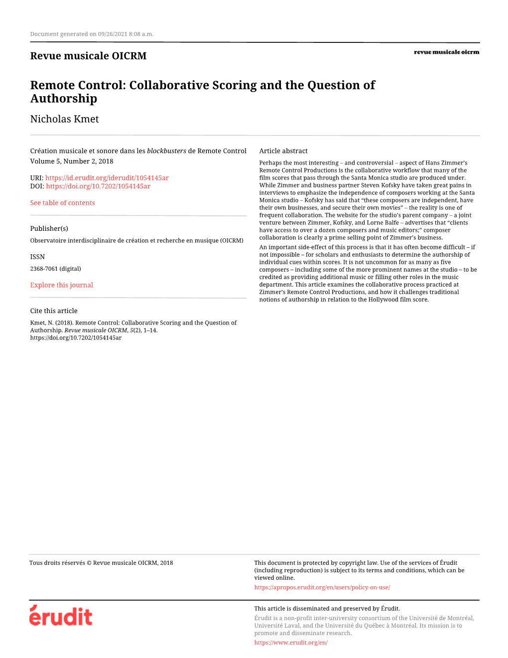 Remote Control: Collaborative Scoring and the Question of Authorship Nicholas Kmet