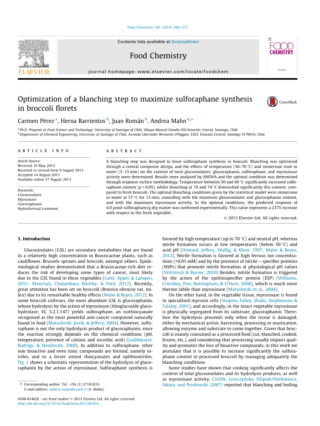 Optimization of a Blanching Step to Maximize Sulforaphane Synthesis in Broccoli Florets