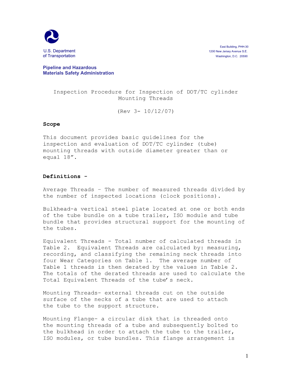 Inspection Procedure for Inspection of DOT/TC Cylinder Mounting Threads