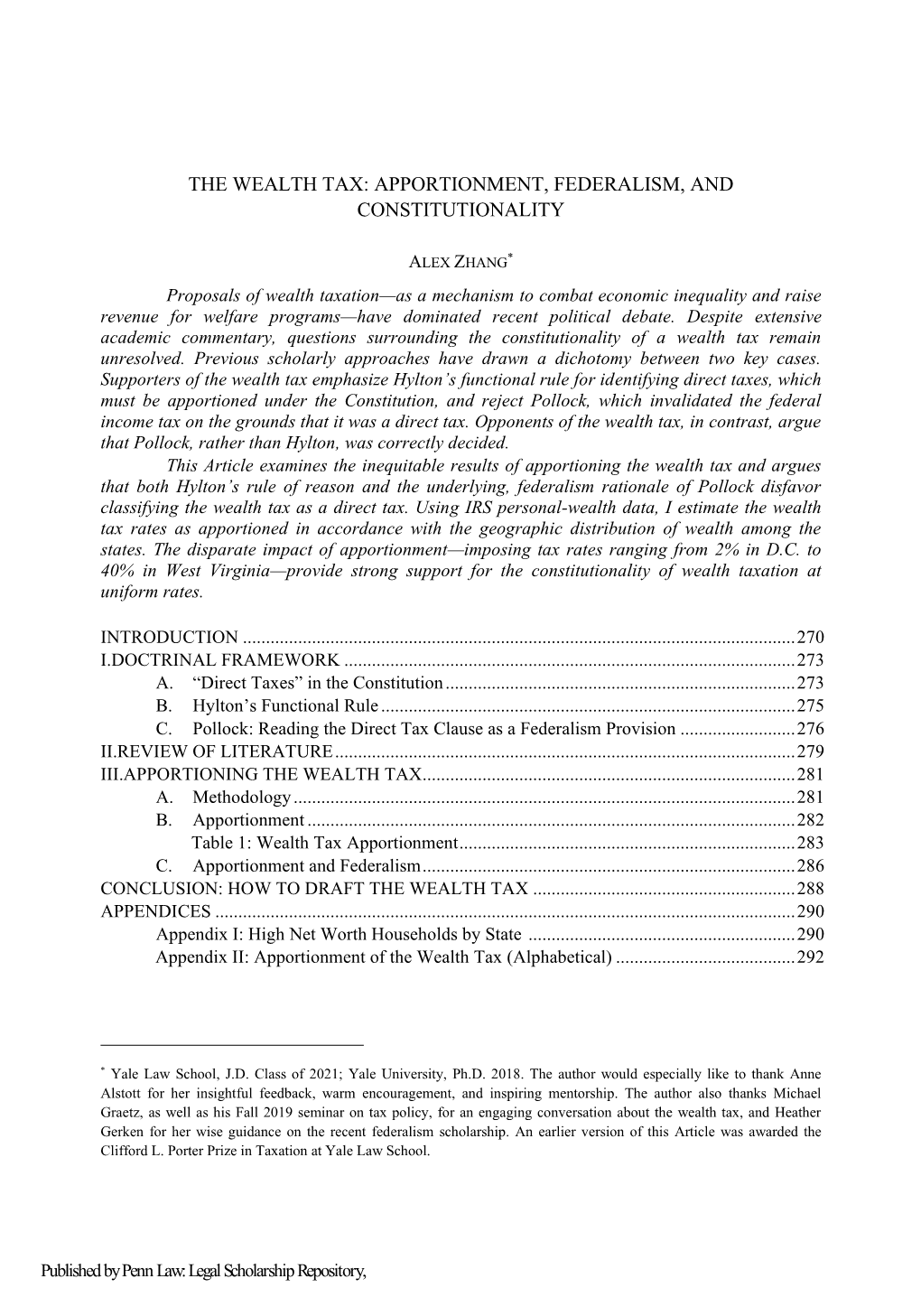 The Wealth Tax: Apportionment, Federalism, and Constitutionality