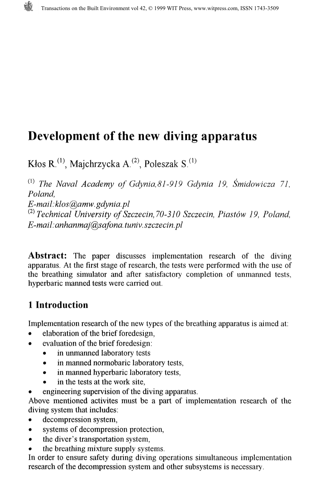 Development of the New Diving Apparatus Klos R/% Majchrzycka A