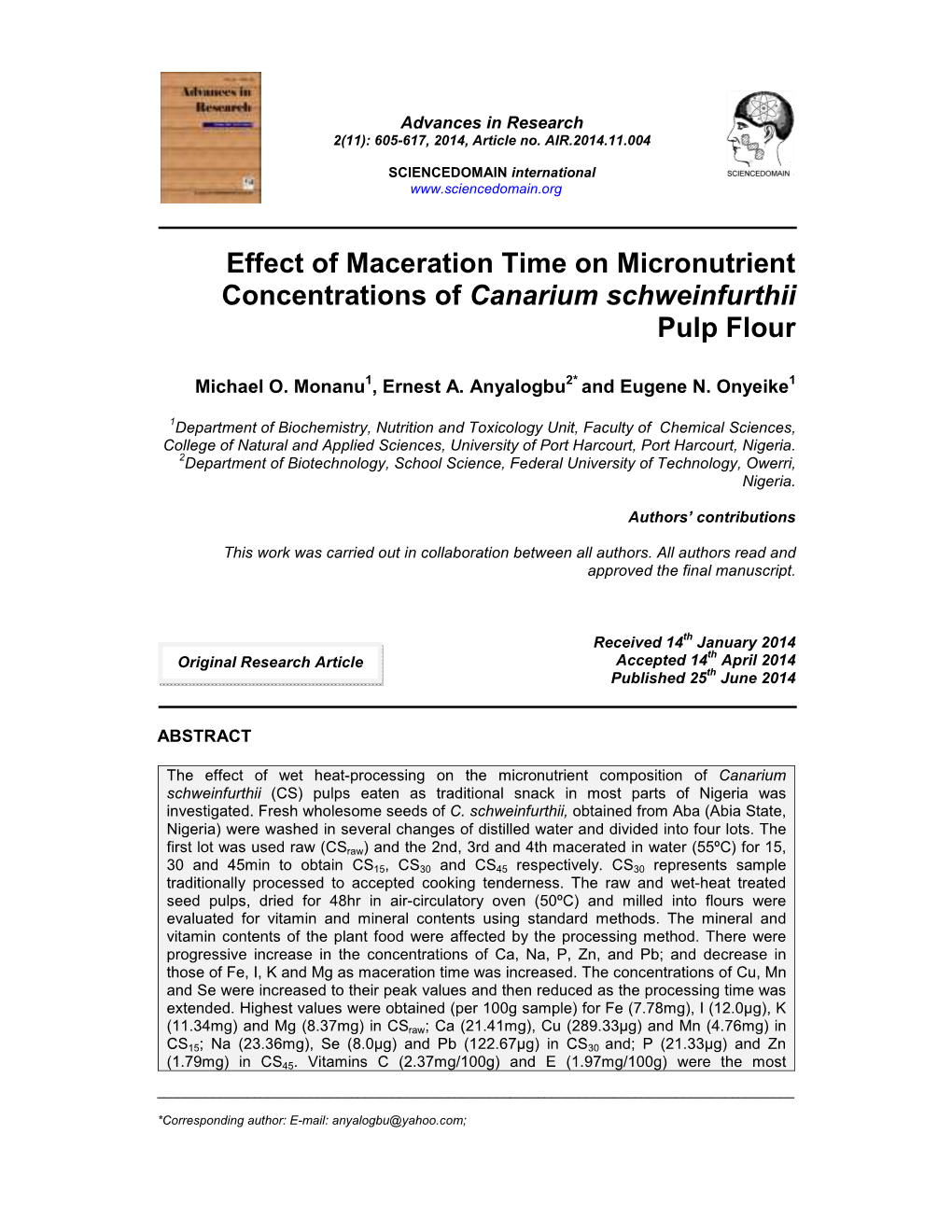 Effect of Maceration Time on Micronutrient Concentrations of Canarium Schweinfurthii Pulp Flour