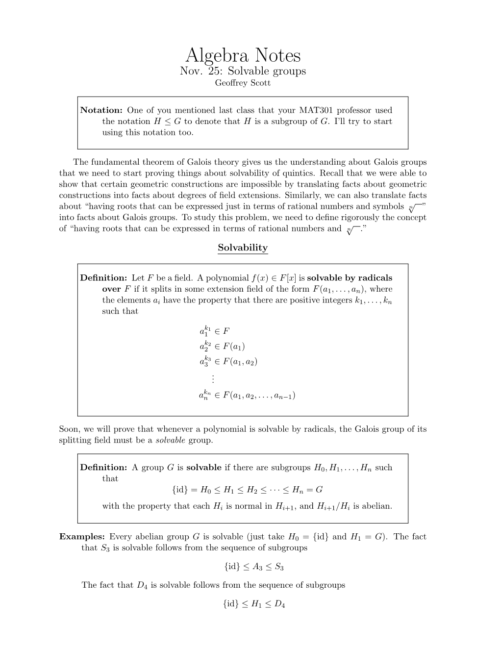 Algebra Notes Nov