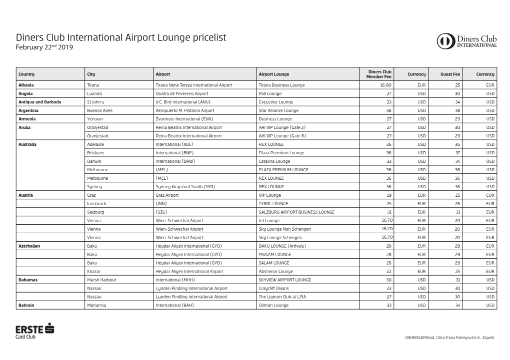 Diners Club International Airport Lounge Pricelist February 22Nd 2019