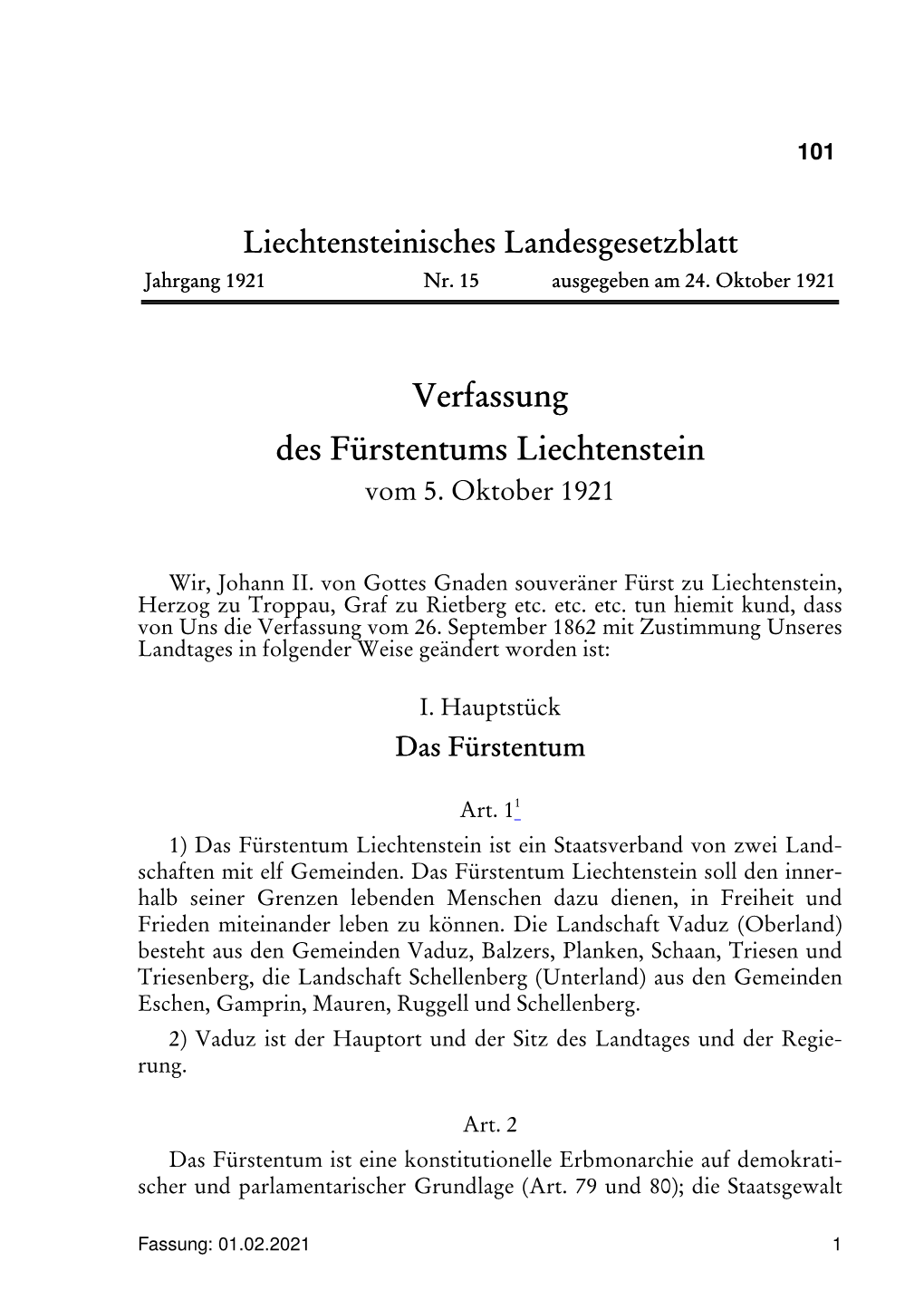 Verfassung Des Fürstentums Liechtenstein Vom 5