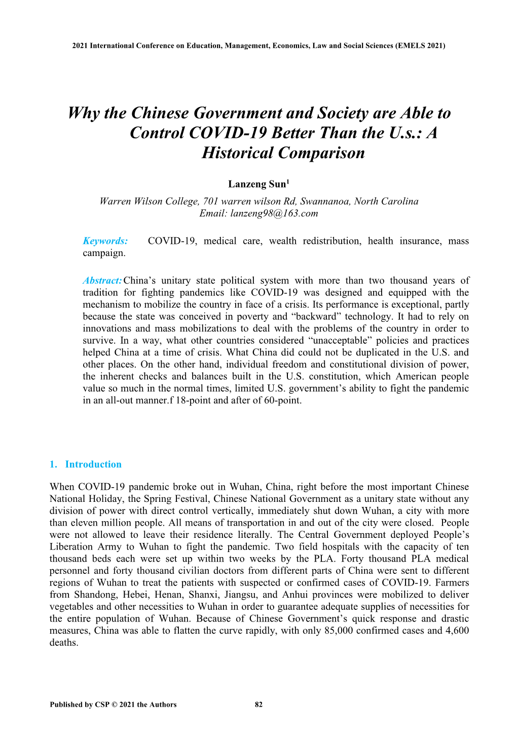 Why the Chinese Government and Society Are Able to Control COVID-19 Better Than the U.S.: a Historical Comparison